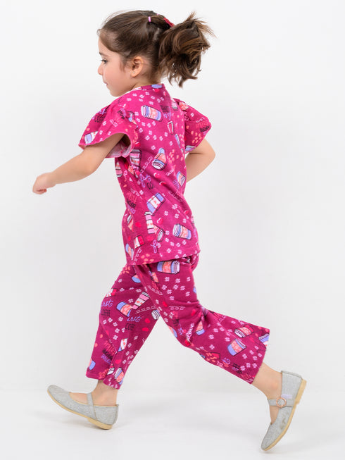 Frill Sleeves Cozy Candy Crush Cotton Trouser Set (Berry Bliss)